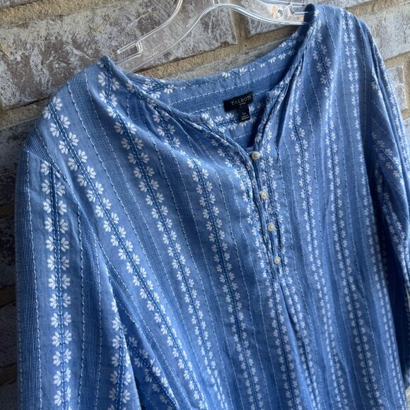 Talbots Long Sleeve 3/4 Button Blue\White Floral Striped Blouse Size L Petite - Picture 5 of 8